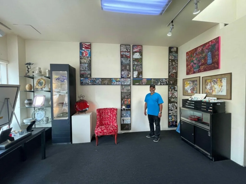 The 44-4-44 installation, mounted at Frame Design GEM Gallery, with Gerald in the gallery